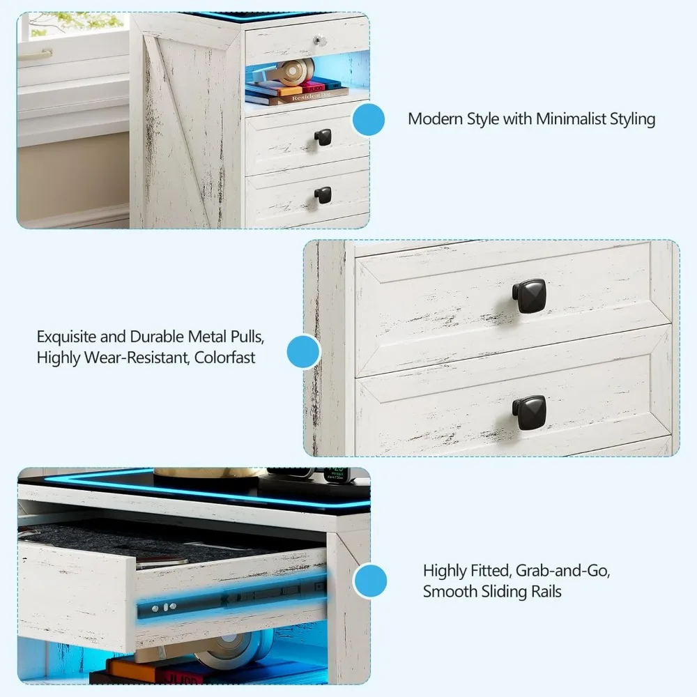 Night Stand Set 2 with Gun Drawer, Modern Nightstand with Wireless Charging Station, Smart Bedside End Table with Glass Top&4 Dr 4