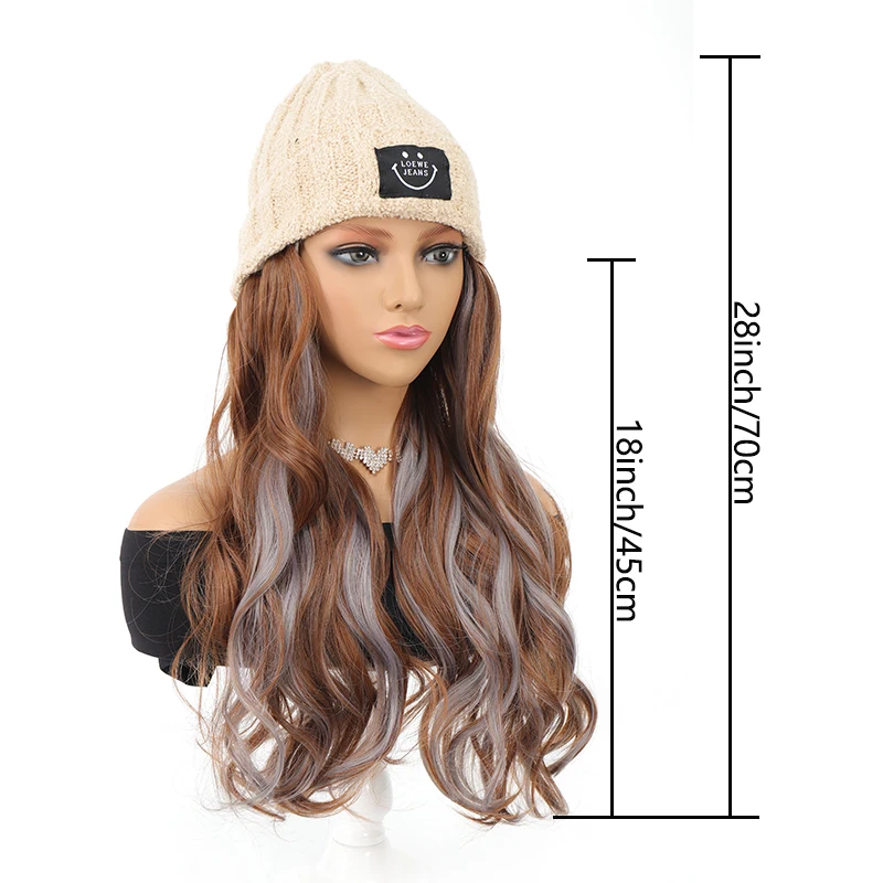 Hat wig long curly hair big waves smiling face logo knitted hat wig one-piece dyed fog blue hanging ear dye wig