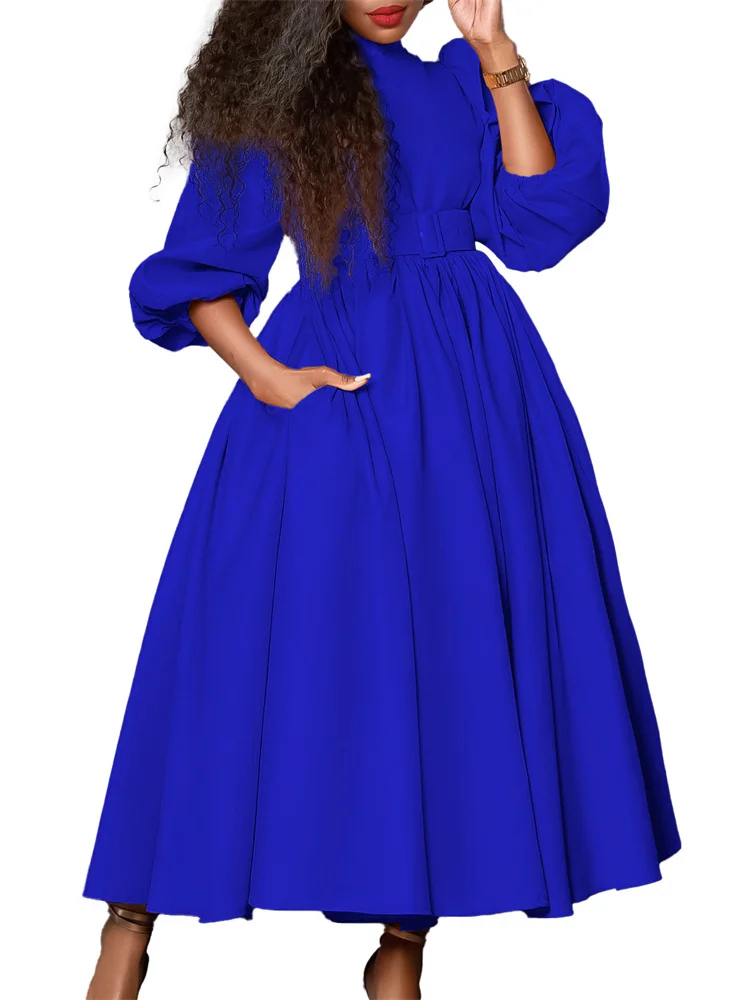 Wmstar Women Dress Autumn Plus Size Long Sleeve Solid Color High Neck Matching Belt Temperament Mid Length High Waist Dresses