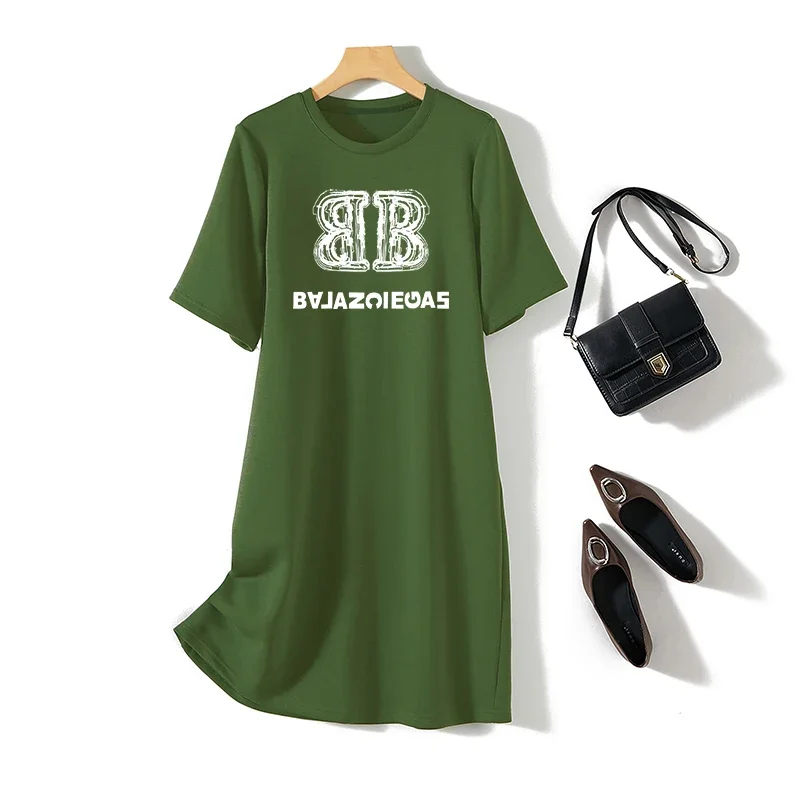 Women Clothing Letter Printed Short Sleeve Dresses Summer O-neck Fashion Tunic Straight Loose Casual Pullover Dress 3