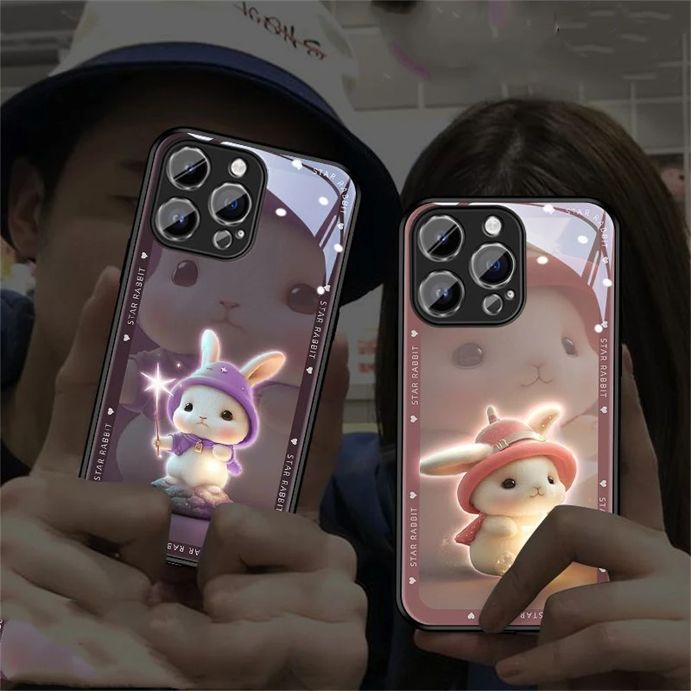 Star Rabbit LED Light Glowing Luminous Tempered Glass Back Phone Case For Samsung S23 S22 S21 S20 FE Note 10 20 Plus Ultra A54