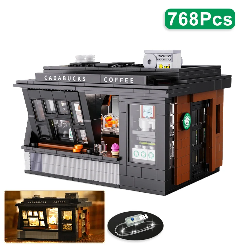City 768Pcs Coffee Shop House Con Luci A Led Modello Building Blocks Street View Cafe Store Assemblare Mattoni Giocattoli Regalo Per Adulti Per Bambin