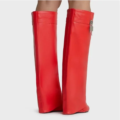 2024 Design Shark Lock Women Boots Wide-calf Wedge Heel 10.5 Knee High Boot Motorcycle Genuine Leather White Red Boots Shoes