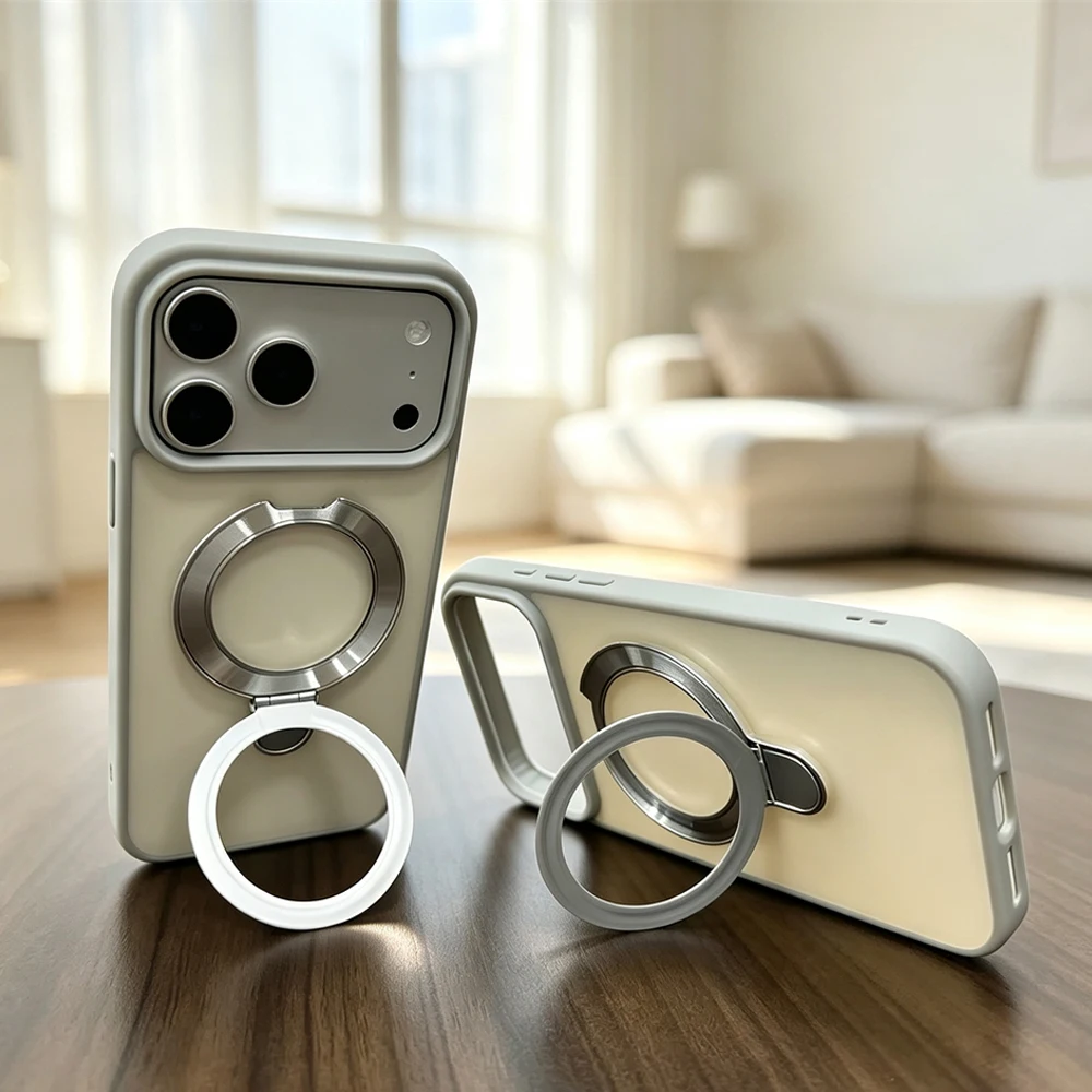 Luxury Magnetic Ring Holder Kickstand Case with Skin Texture and Magsafe Compatibility