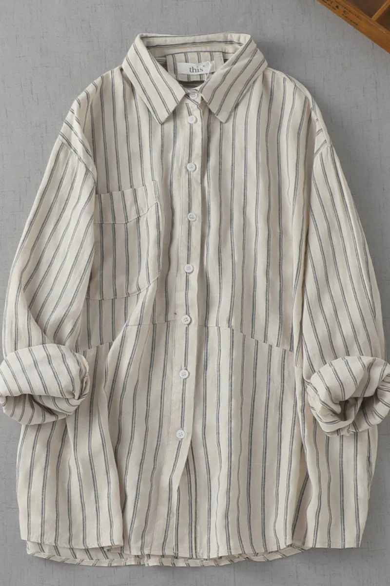 SuperAen Vertical Striped Linen Shirt Women\'s Autumn Casual Japanese Layered Shirt Long-sleeved Casual Shirts