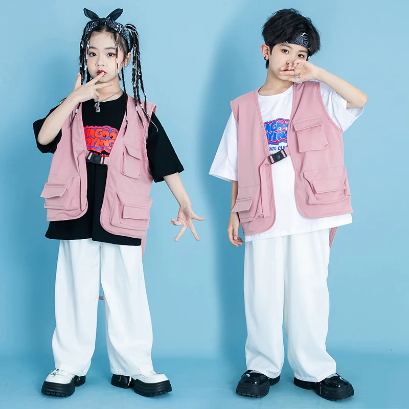 

Kid Hip Hop Clothing Pink Knitted Sleeveless Jacket Tactical Vest White Casual Wide Pants for Girls Boys Dance Costume Clothes
