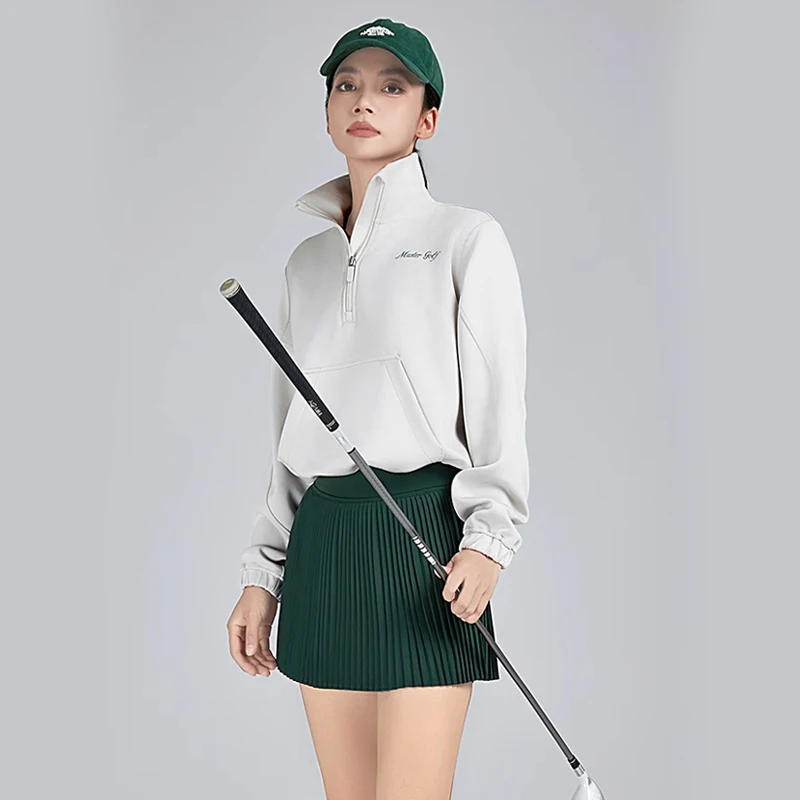 MG golf autumn and winter new jacket thick long sleeve stand collar coat women sports top green pleated skort shorts pants