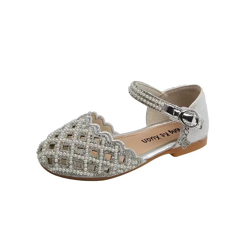 Kids Pearl Flats Sandals Girls Princess Rhinestone Party Leather Hollow Out Beach Shoes Size 21-36 kids shoes children sandals kids sandals beach shoes