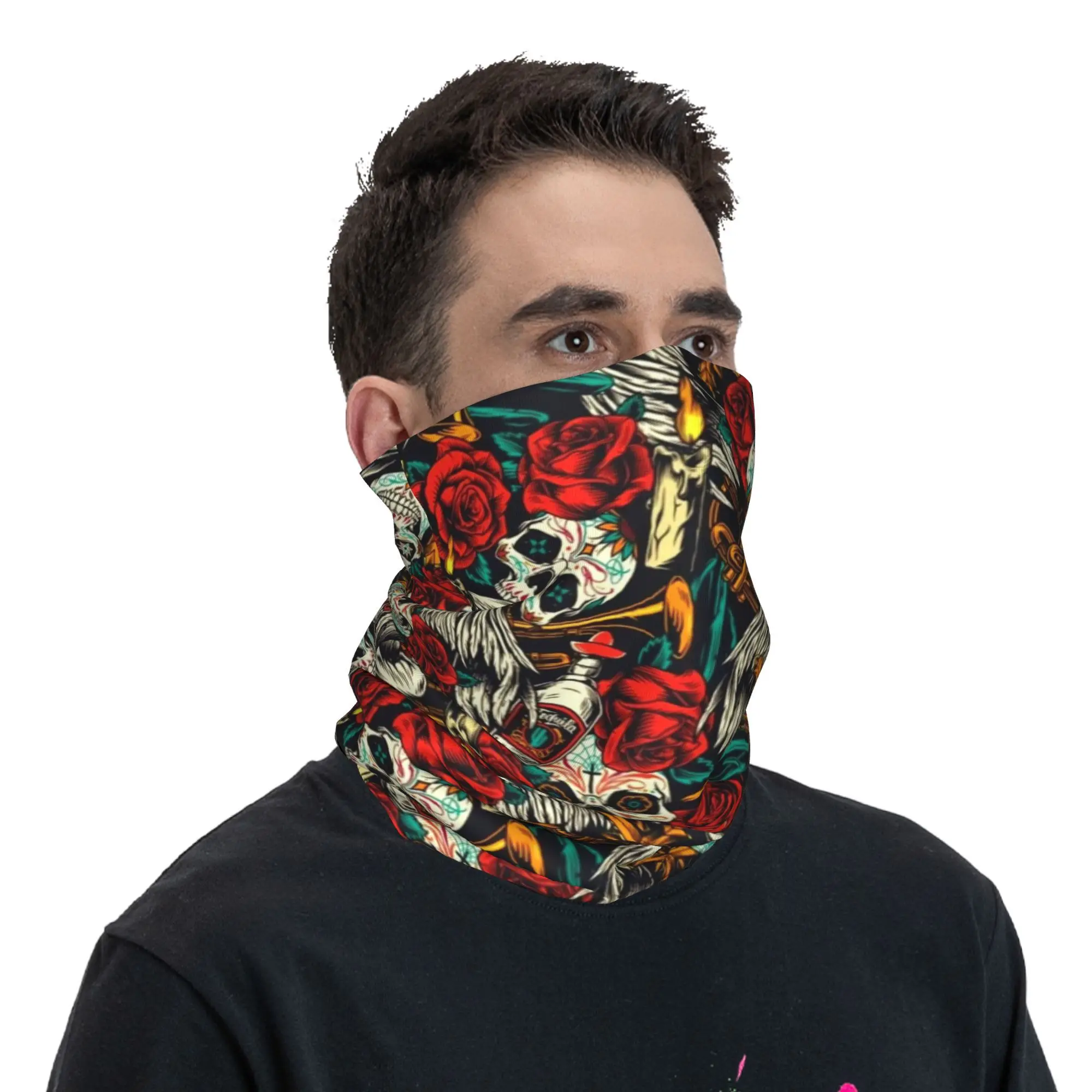 Mexican Sugar Skull Art Neck Gaiter Women Men UV Protection Winter Bandana Scarf for Hiking