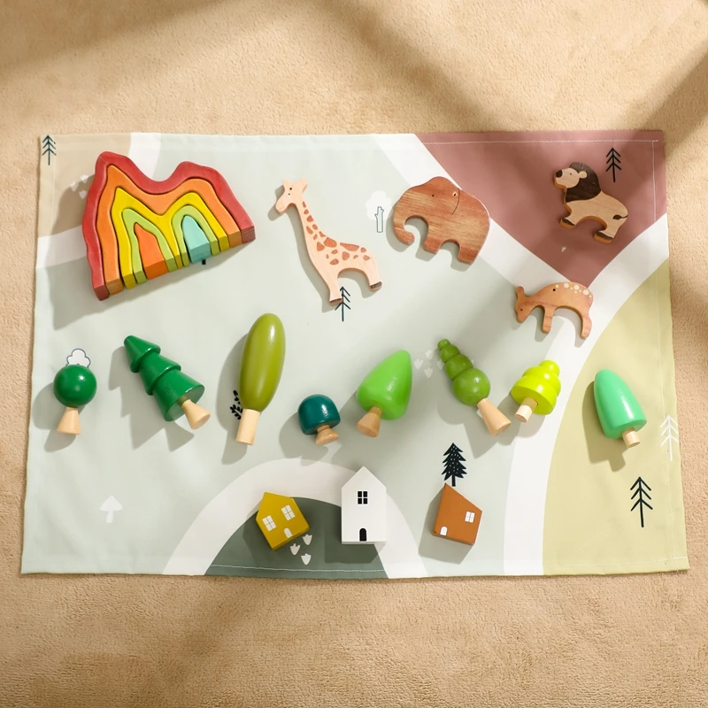 

Montessori Wooden Block Toys for Children Forest Animal Ornaments Game Carpet Set Block Toys Set for Kids Educational Toys Gifts