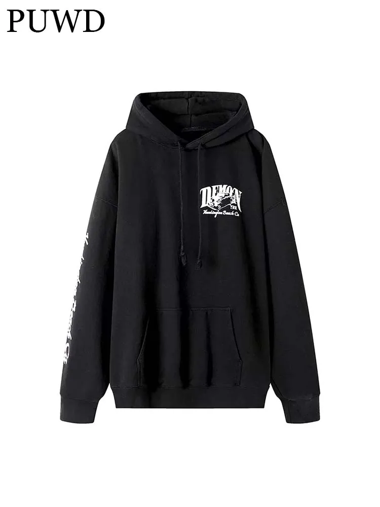 

PUWD Vintage Girl Lettering Print Sweatshirt 2022 Spring Fashion Ladies Black Streetwear Pullover Girls Loose Fleece Sweatshirt