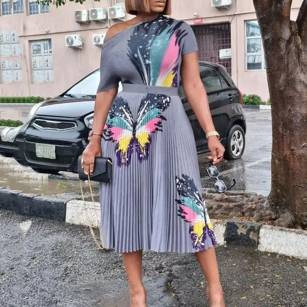 

Elegant Office Ladies 2 Pieces Skirts Sets Printed Blouse Short Sleeve & Pleated Skirts Mid Calf Formal Business Work Wear Sets