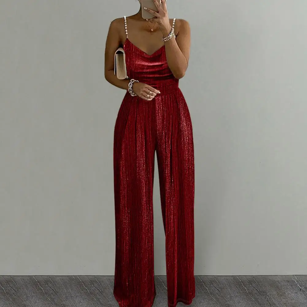 V-neck Jumpsuit Elegant Pearl V Neck Jumpsuit for Women Wide Leg Solid Color High Waist Party Prom Jumpsuit V-neck Sleeveless