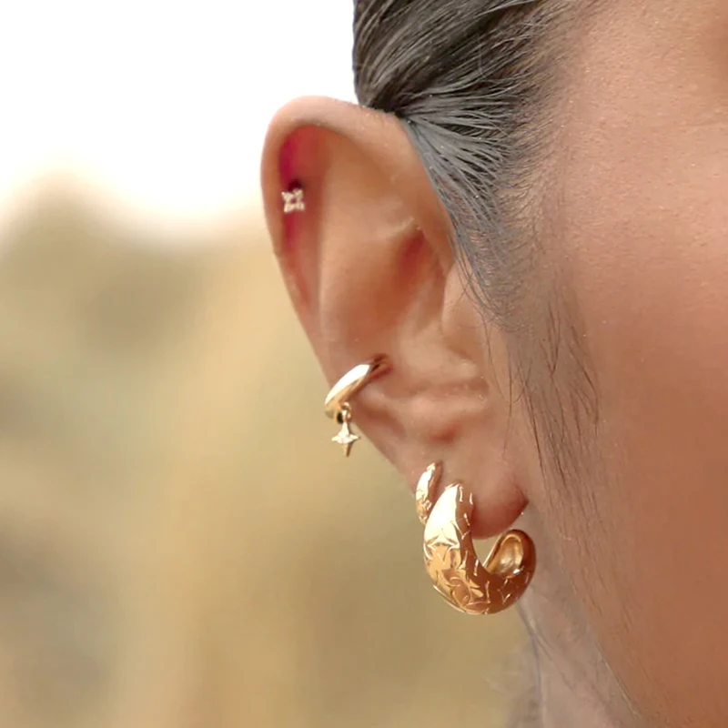 Cartilage perforation women 925 sterling silver ear Needle stars three-piece stacked fashion hoop earrings punk fashion jewelry