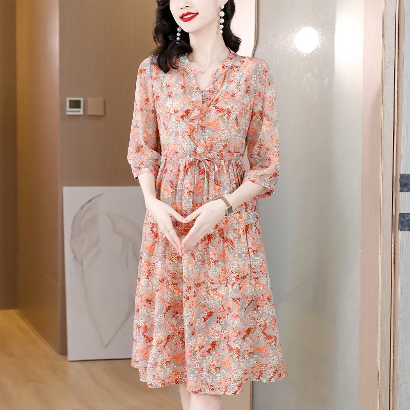 

2023 New Silk Printed Mulberry Silk Dress Women's Summer Elegant Versatile Loose Fit Casual Holiday Dress Vestidos