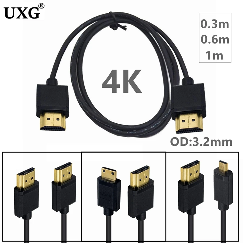 Câble HDMI mâle vers micro mini HDMI, super doux, compatible, câble court  fin, 2k, 4k, HD, 60Hz, léger, portable, 30cm, 60cm, 1m, 3.2mm, OD