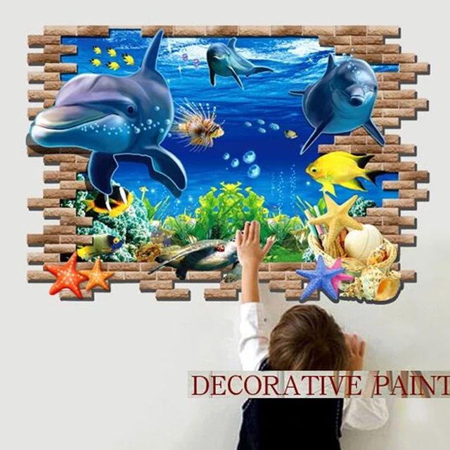 3D Dolphin Underwater World Wall Sticker Shark Wallpaper Wall Mural Kids  Bedroom Sticker Windows Wallpaper Home