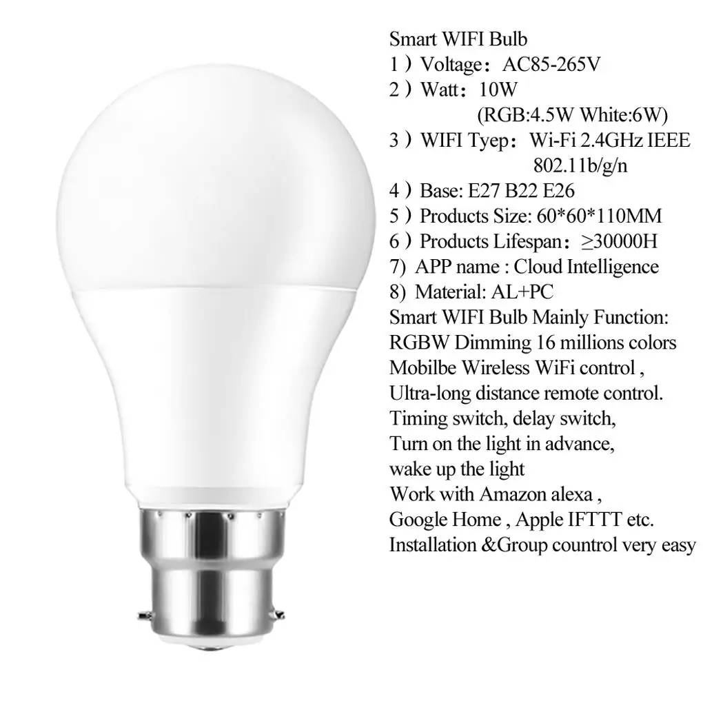 Description Picture 4 of itemB22 Smart LED Bulb Intelligent WiFi Light Bulb RGB+W Dimmable Smartphone App Control Dimming bulb