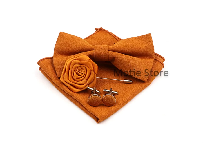 Neue klassische erwachsene Kinder Fliege Set Baumwolle einfarbig Taschentuch Manschetten knopf Brosche für Hochzeits feier Anzug Kleid Accessoires Geschenke – Detail 14