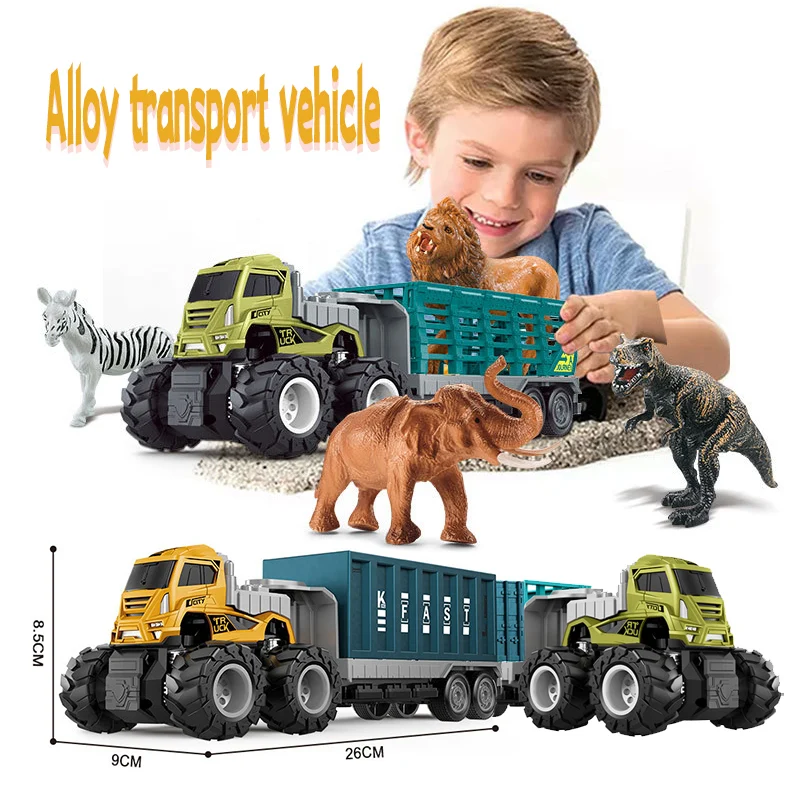 New Alloy Car Toy Truck Model Four-Wheel Drive Inertia Trailer Animal Dinosaur Lion Tiger Transporter Boy Toy Diecast Best Gifts