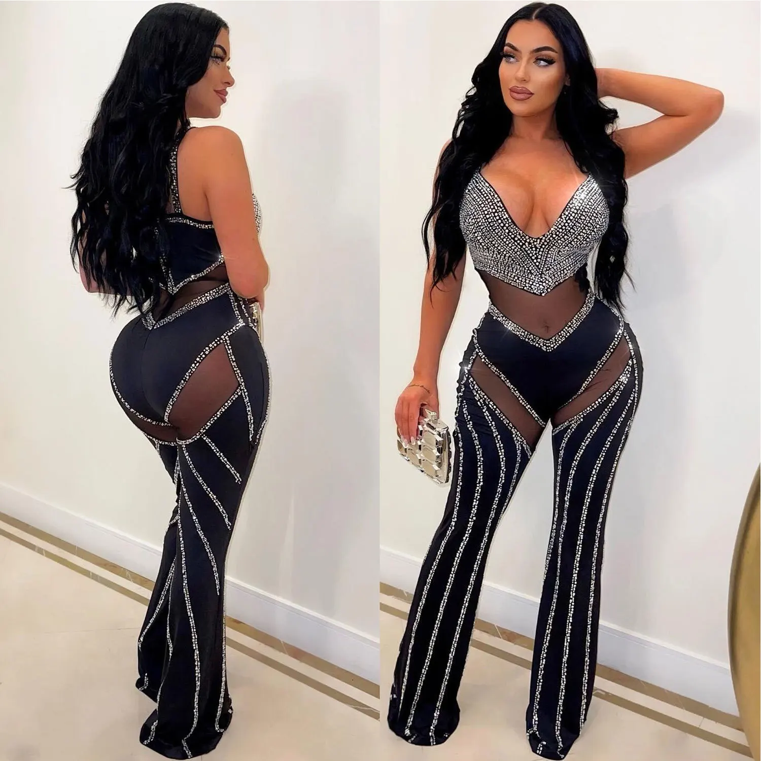 

Rhinestone Mesh Sexy Jumpsuits 2023 Women Fashion Summer Clothes Club Elegant Bodycon One Piece Jumpsuit Bodysuit Playsuit