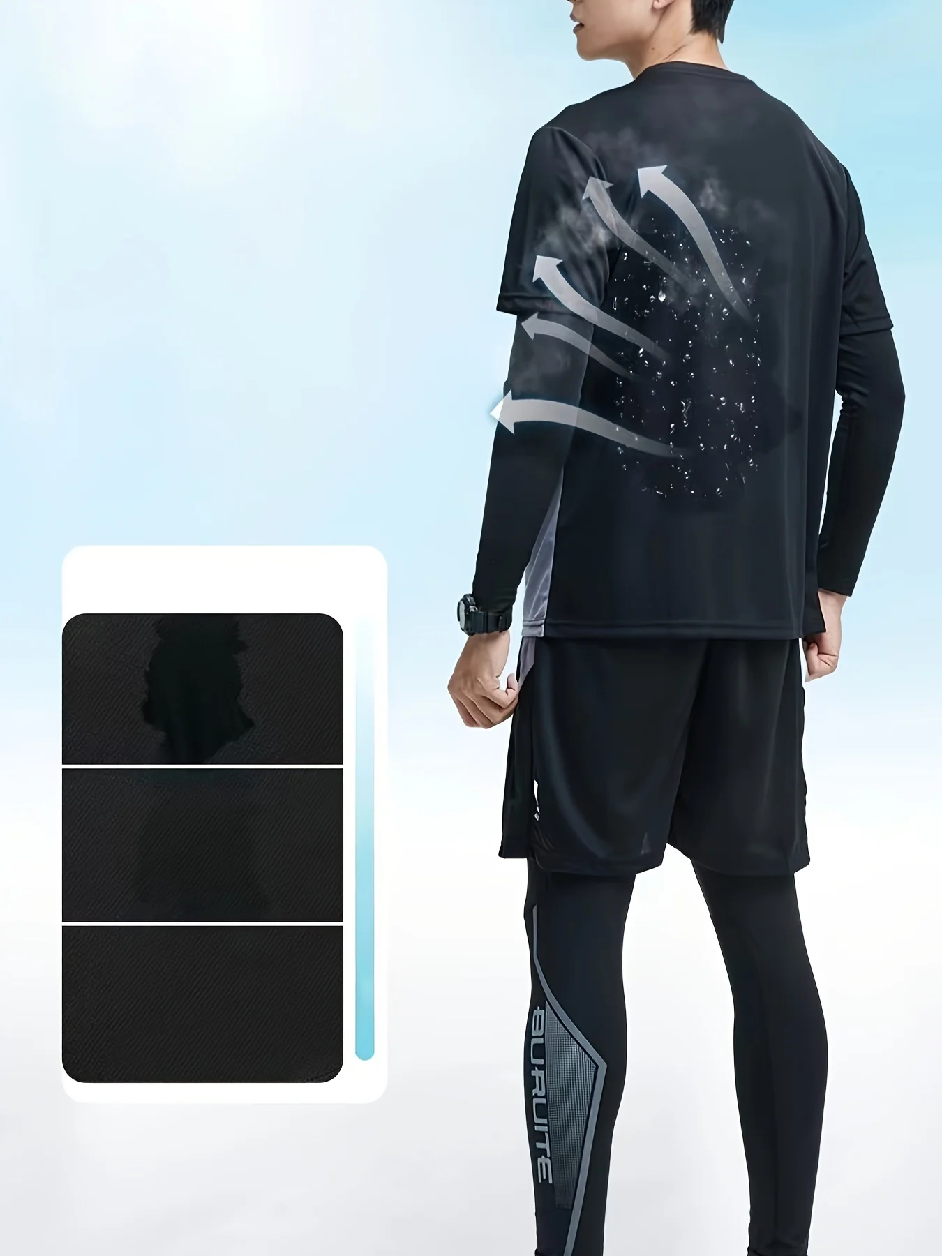 Men's Sports 4pcs Set, High Stretch Gradient Color T-shirt + Active Shorts + Leggings + Long Sleeve Compression Shirt Matching S 2