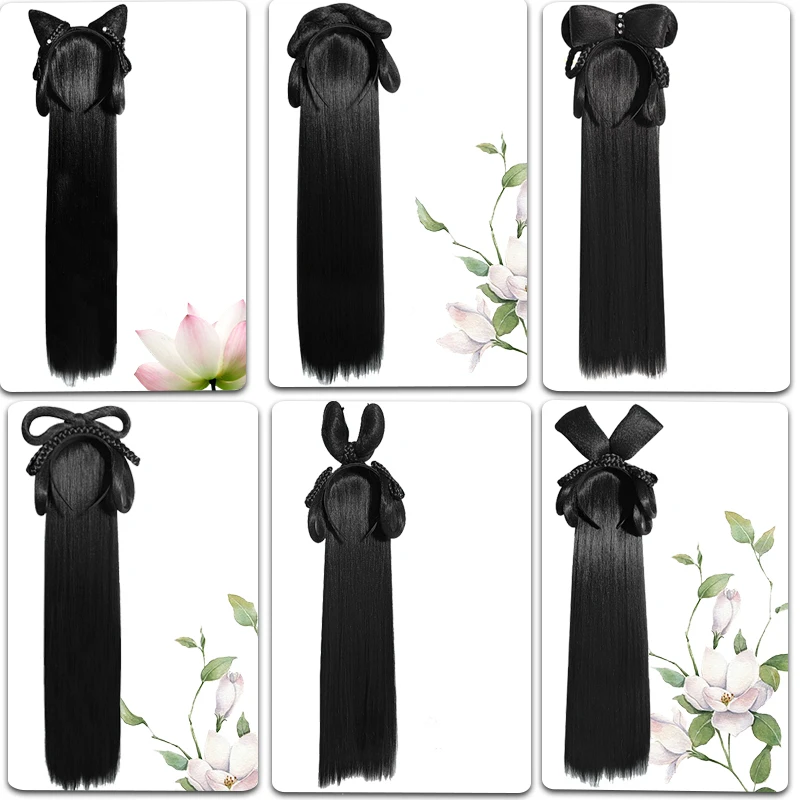 SEEANO Hanfu Wig Headband Women Chinese Style Synthetic Hair Piece Antique Modelling Cos Pad Hair Accessories Headdress Black