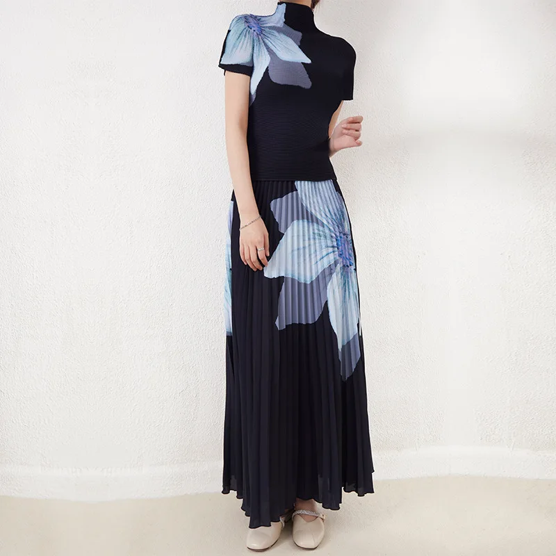 ansman-women's-2023-miyake-fold-high-end-printed-top-summer-new-high-end-skirt-suit-skirt-two-piece-fashion-graphic-t-shirts