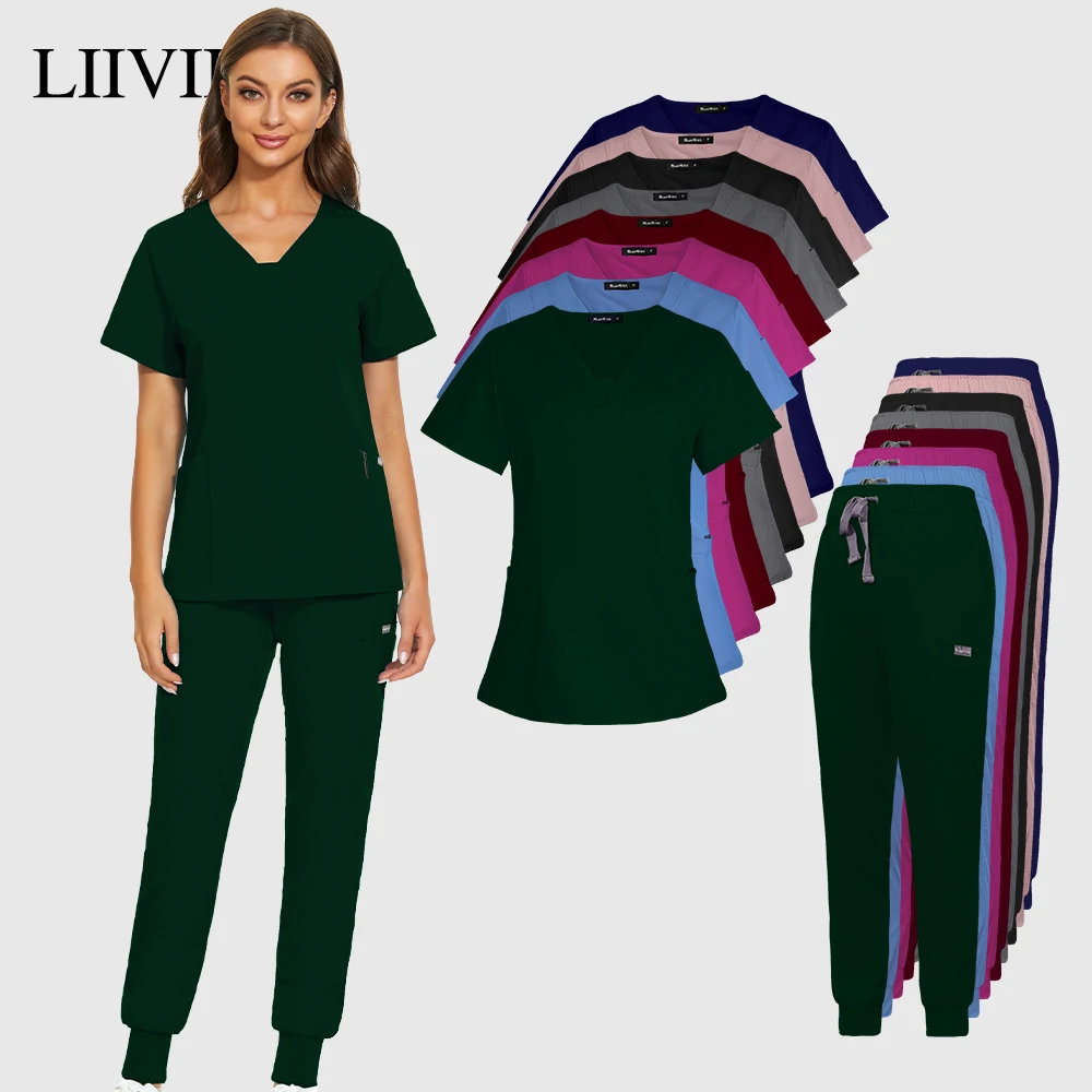 

1 Set Medical Uniforms Solid Color V-Neck Pockets Scrubs Tops Ribbed Ankle Banded Pants Nurse Shirt Trouser Workwear Doctor Suit