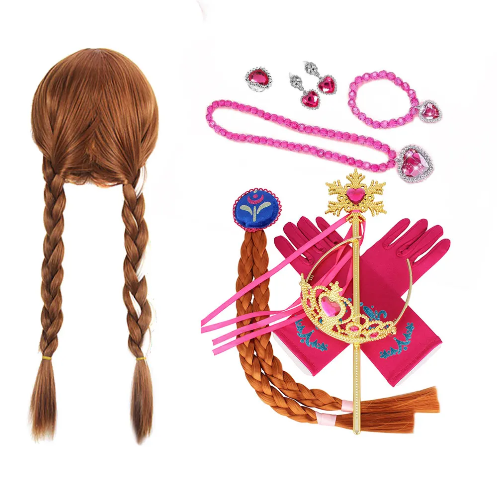 

2024 Girls Birthday Party Supplies Headgear Crown Anna Braid Wig Kit Kids Princess Role Play Purim Cosplay Dress up Accessories