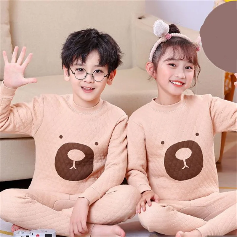 Children Underwear Suits Children Clothes Cartoon Style Children Cotton Thermal Underwear Suit Three-layer Thick Warm Clothing Boys Girls Winter Soft Home Clothes Pajamas
