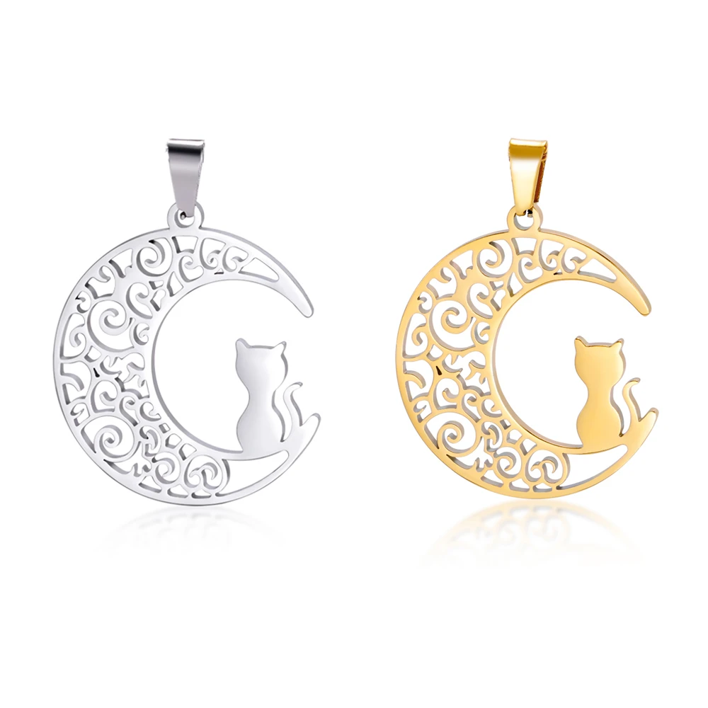 

Unfading Stainless Steel Moon Cat Jewelry Charms Diy Handmade Necklace Cute Animals Charm Pendant Accessory 23x25.5 MM Wholesale