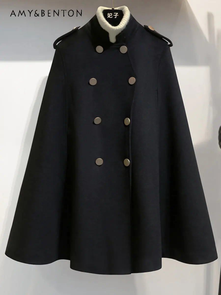 

Elegant Fashion Black Cape Woolen Coat Women's Autumn and Winter New Clothes British Style Slimming Temperament Woolen Coat