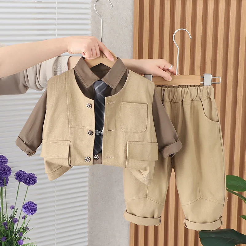 

Toddler Boys Outfits 2024 New Spring Baby Boy Clothes 6 To 12 Month Korean Solid Color Cardigan Vest + Shirts + Pants Kids Suits
