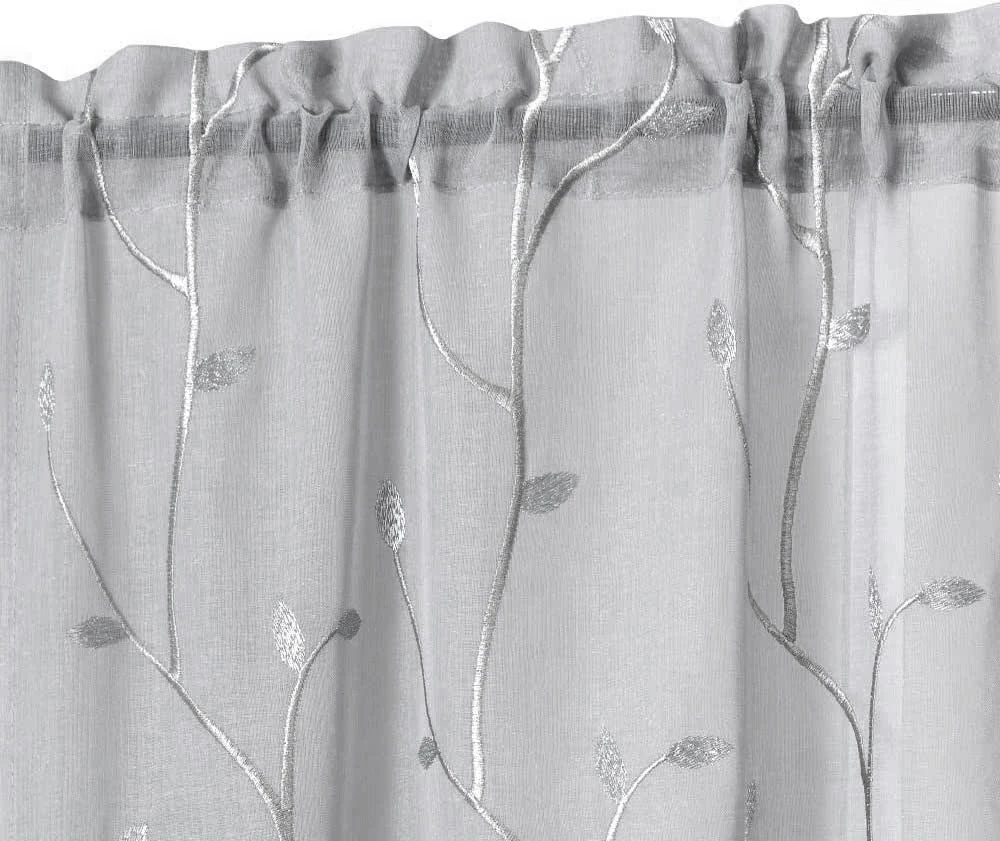 JINCHAN 2PCS Sheers Kitchen Curtains Rod Pocket Home Window Curtain Leaf Embroidery Voile Cafe Drapes Small Short Curtains 2
