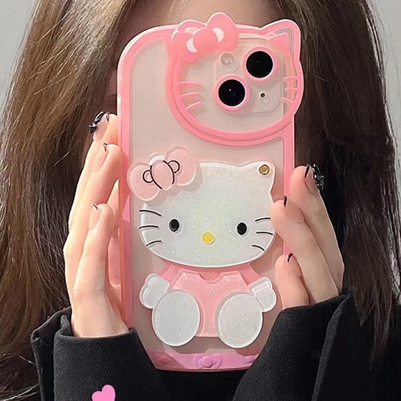 Przezroczyste etui Sanrio Hello Kitty na iPhone 15 14 13 11 12 Pro Max XS XR 7 8 Plus SE20 z lusterkiem kosmetycznym Cover Cartoon Y2K