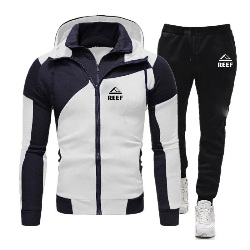 Reef 2023 Men New Autumn High Quality Diagonal Zipper Hoodie Popular Color Matching Tops+Casual Pants Two-Pieces Suit