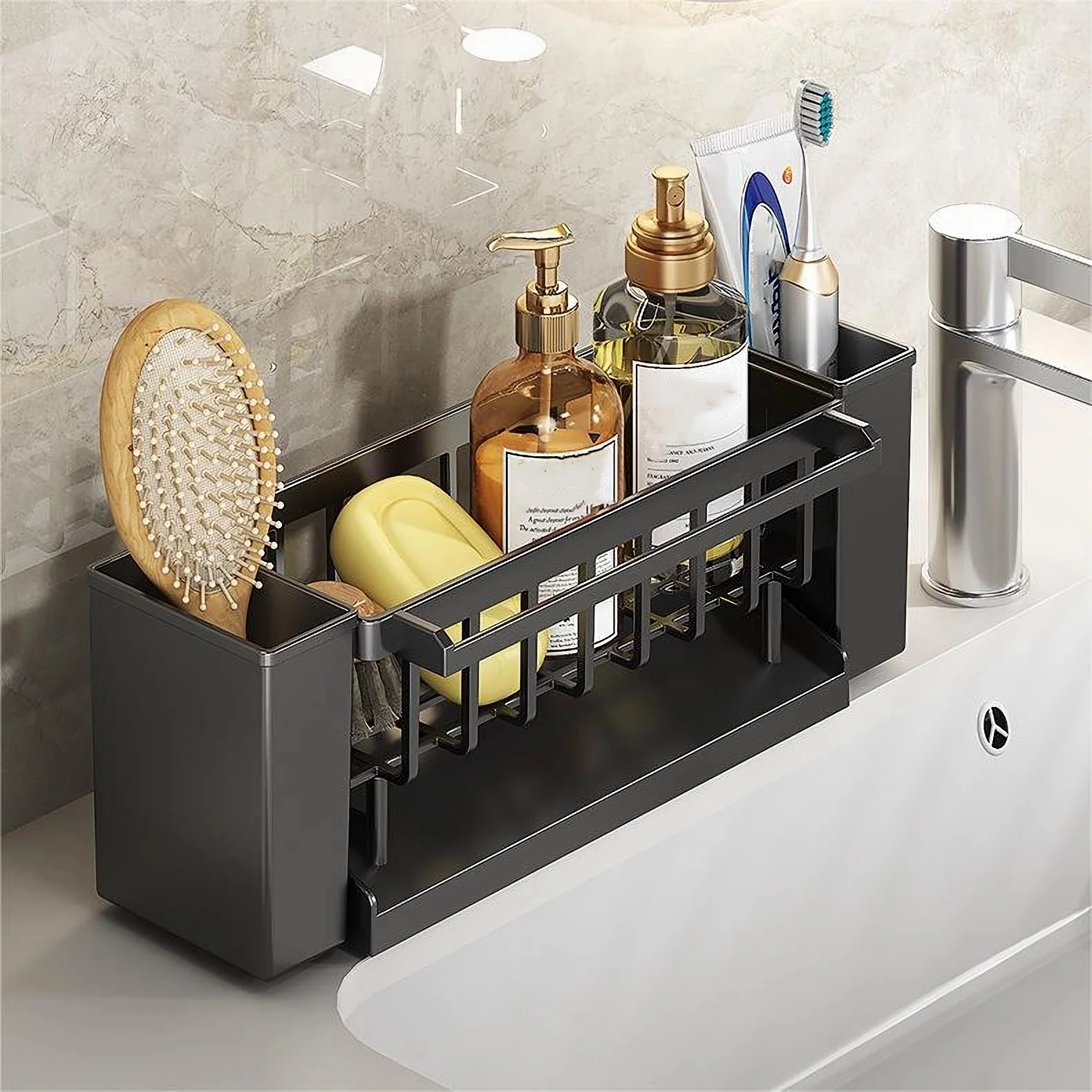 Kitchen Sink Organiser,Kitchen Sink Sponge Holder With Brush Holder,Rag Drain Rack,  Bathroom Organizer, Sink Faucet Sink Ra 4