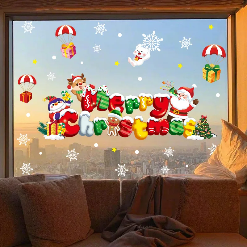 Natale Inglese Lettera Fiocco Di Neve Elk Old Man Window Sticker Christmas Mall Glass Window Scene Layout Christmas Static Sticker