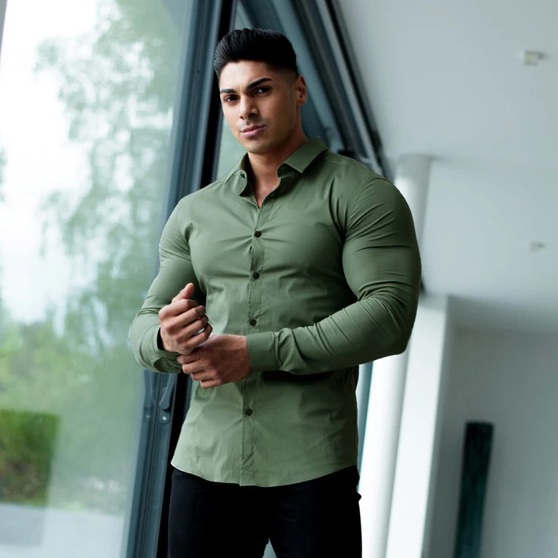 Solid color new business casual long sleeved men's shirt street clothing outdoor casual top lapel micro elastic men's clothing