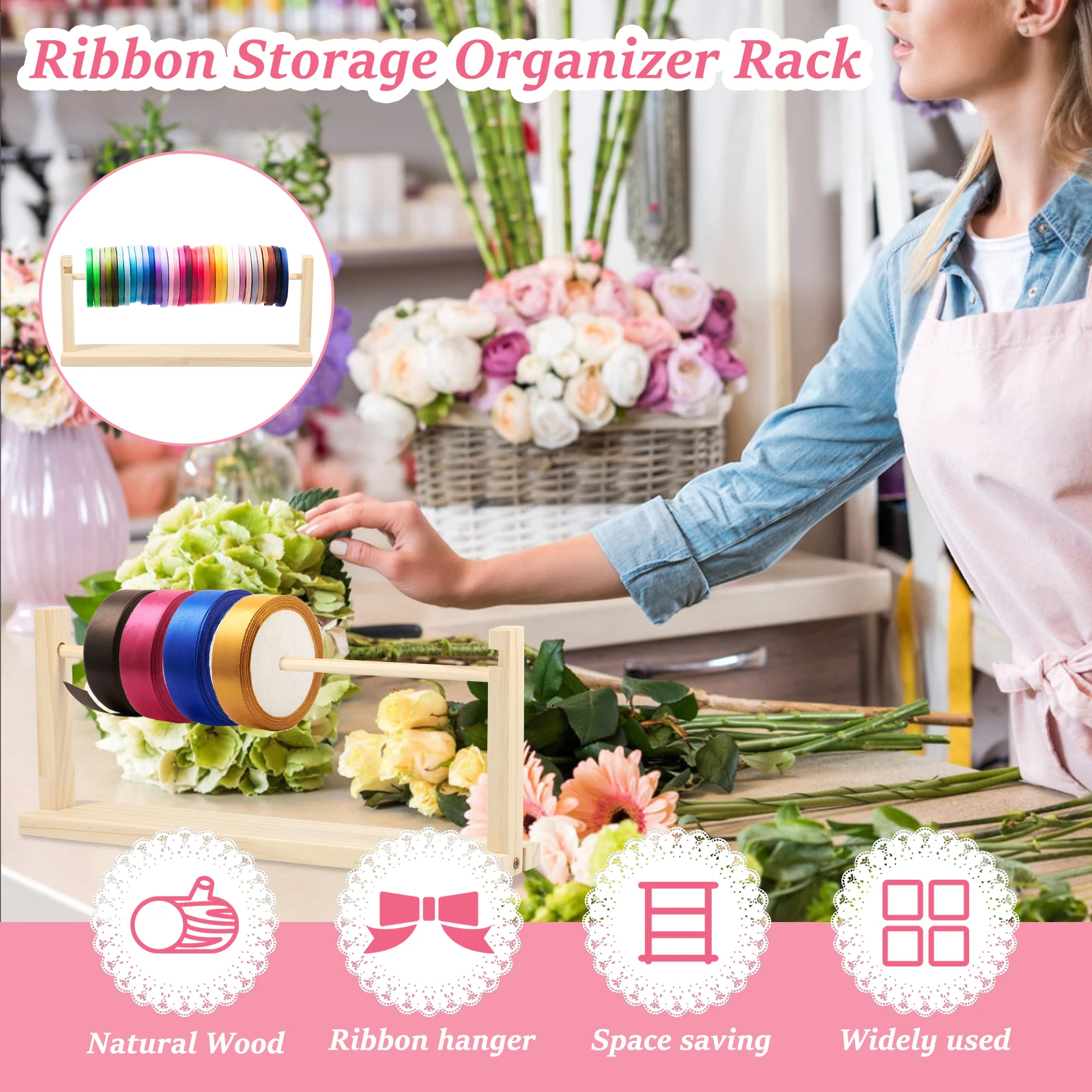 Single Layer Ribbon Storage Rack Wood Ribbon Organizer Countertop Racks Multifunctional Display Holder Home storage box