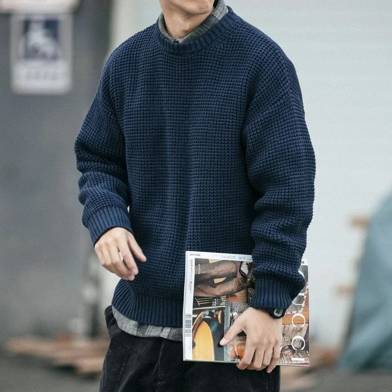 Autumn Winter Sweater Men New Arrival British Retro Casual Pullover Solid Long Sleeve Loose O-Neck Knitted Sweaters Streetwear 4