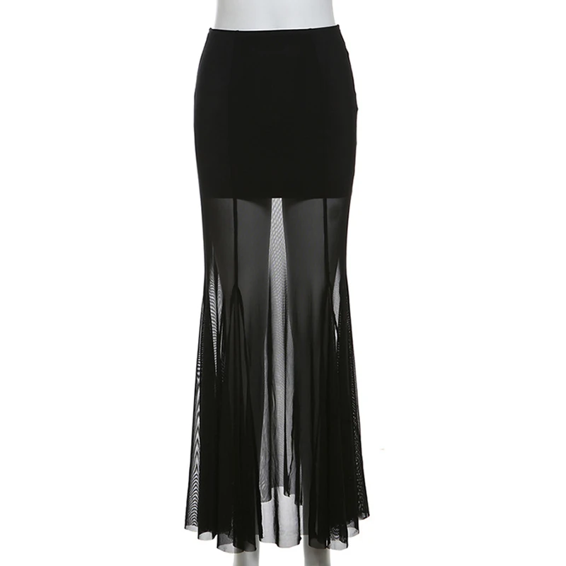 Elegant Skirt Women y2k Clothes See Through High Waist Fishtail Hem Mesh Bodycon Skirt 2000s Party Skirts Streetwear