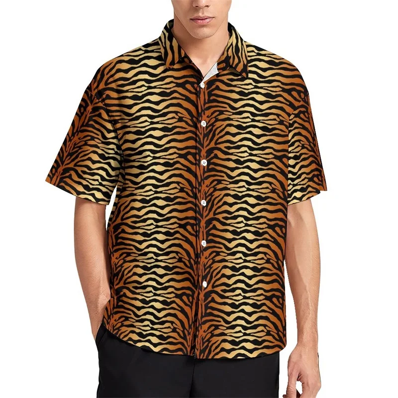 thumbnail image 1 of Camisa informal con estampado de rayas de piel de tigre para hombre, camisa hawaiana de vacaciones de manga corta, camiseta de gran tamaño para hombre, blusas, ropa, 1 of 5
