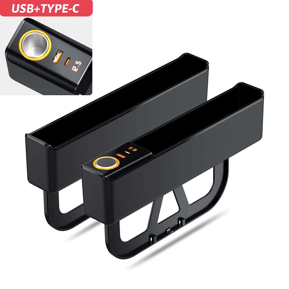 

Universal Car Seat Gap Filler Storage Box With Dual USB Ports Type-C Fast Charging 2 In 1 Car Seat Gap Center Console Organizer