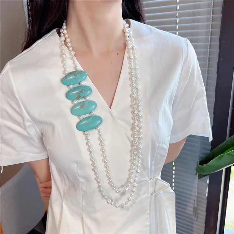

31''-33.5'' 2 Strands White Pearl And Turquoise CZ Connector Necklace