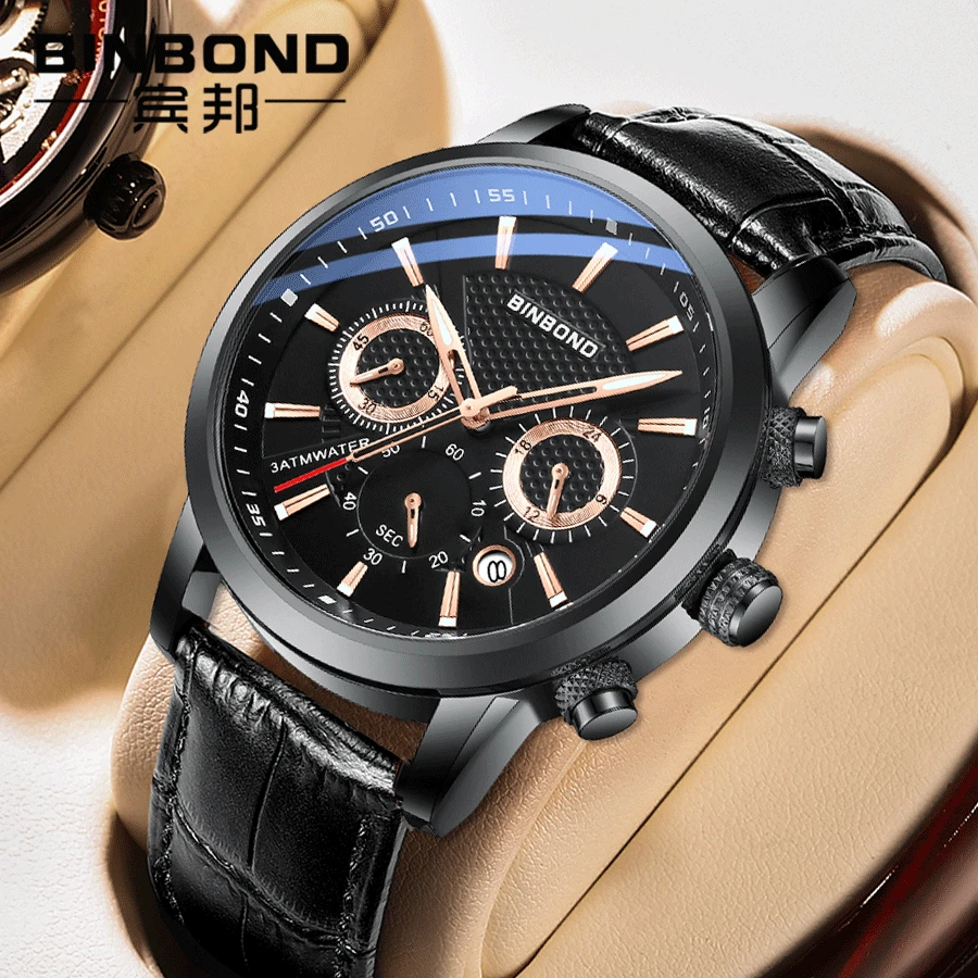 

2023 New Mens Watches BINBOND Top Brand Leather Chronograph Waterproof Sport Automatic Date Quartz Watch For Men Relogio Masculi