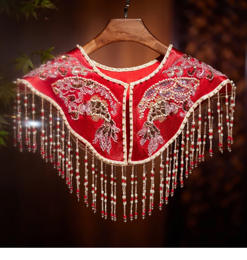 

Women's Spring Autumn Vintage Beaded Embrodiery Wine Red Tassel Pashmina Female Winter Shawl Cloak Collar R2136