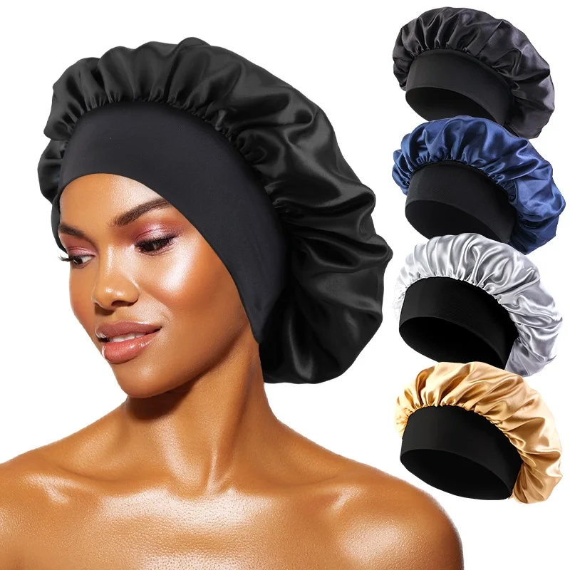 Neue Satin Schlafmütze für Frauen breite Gummiband Dusch hauben für natürliche lange lockige Haare Bad zubehör