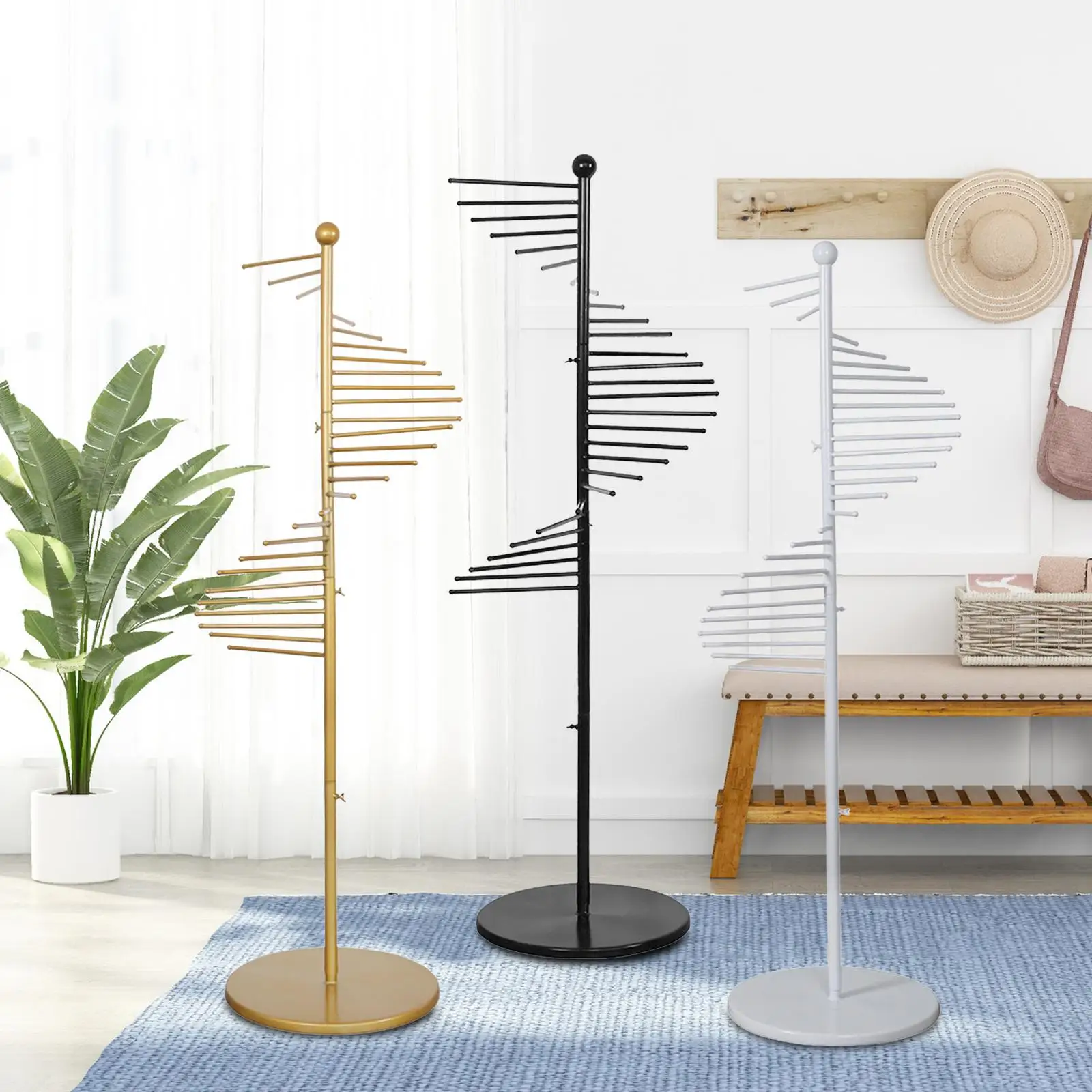 Scarf Display Rack Spiral Scarf Holder with 30 Hanger Rods Iron Ornament Freestanding for Home Suit Pants Belts Ties Towel